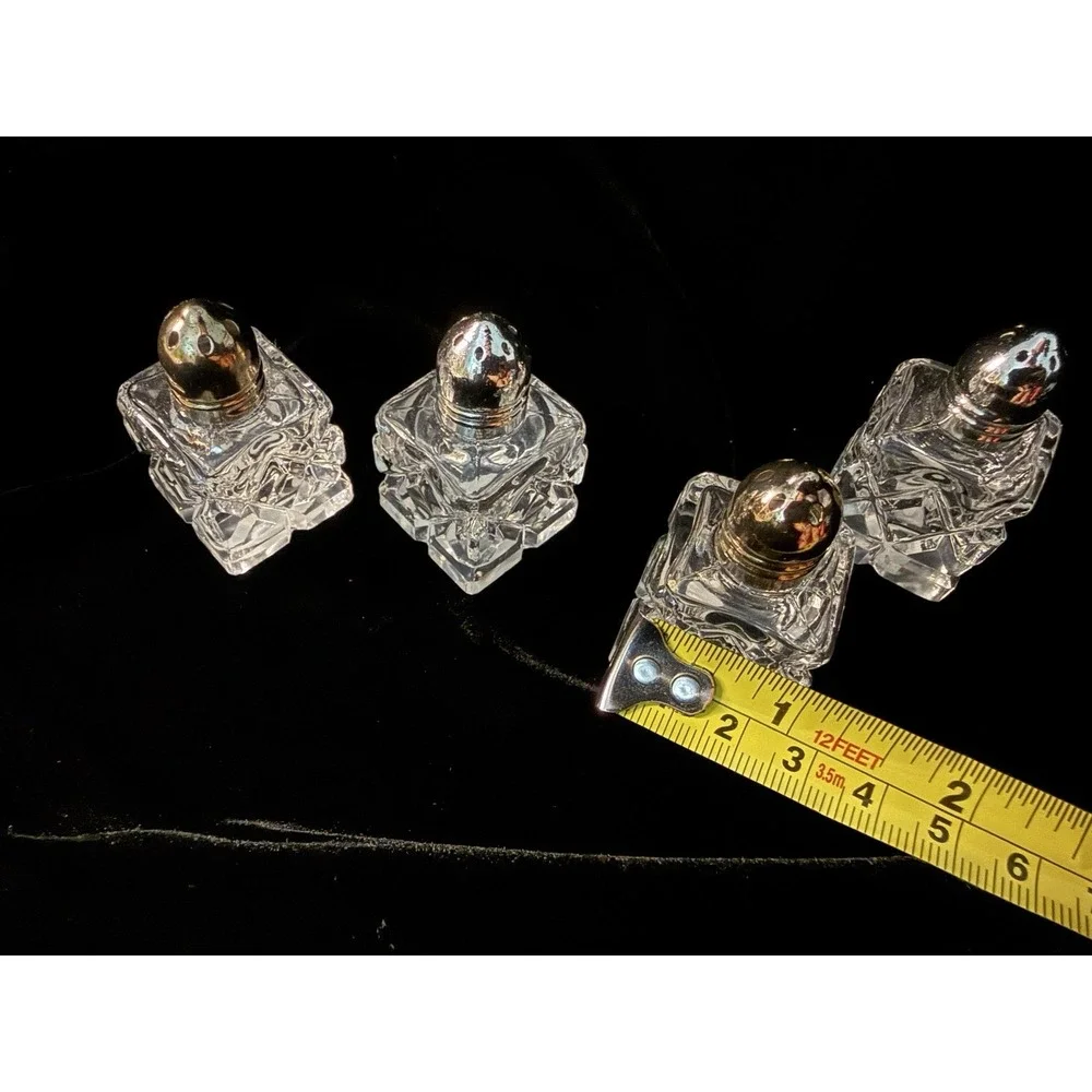 Vintage Silver & Crystal Cut Glass Miniature Salt and Pepper Shakers Set of 4